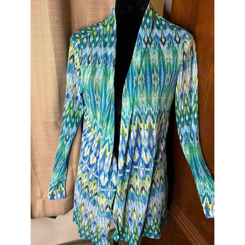 Susan Graver Teal Blue Green Ikat-Print Open Cardigan